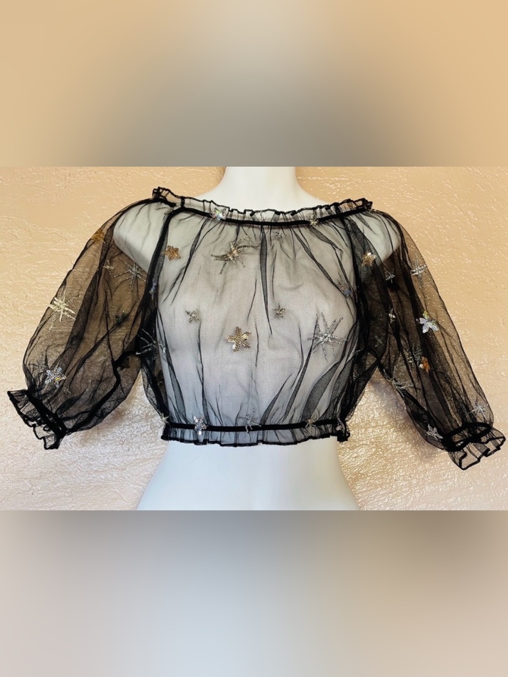 ZAFUL Sheer ILLUSION LACE Peasant TOP With Sequin and Embroidered STARS Medium